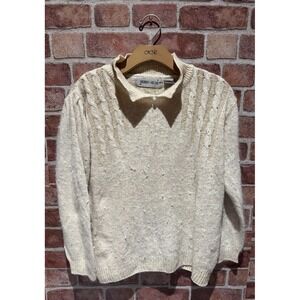 Vintage Sheridan Square Womens Size L Cream Cardigan Sweater Knit Pearl Accent